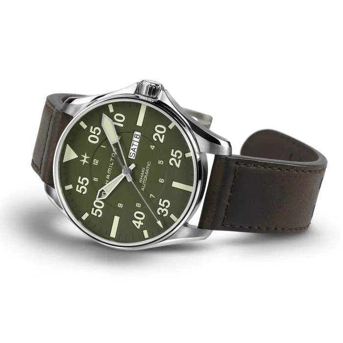 Hamilton Khaki Aviation Pilot Schott NYC Limited Edition Otomatik Yeşil H64735561 detay görseli 3